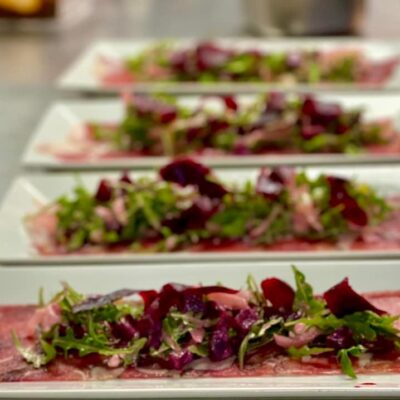 Carpaccio of Wild Boar, Pickled and Roasted Beetrootm, Rocket, Port Syrup