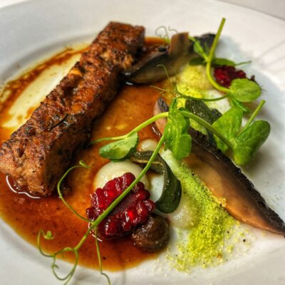Rillette of Partridge, Herb Crumb, Aryochoke, Pickled Blackberries & Roast Mushrooms