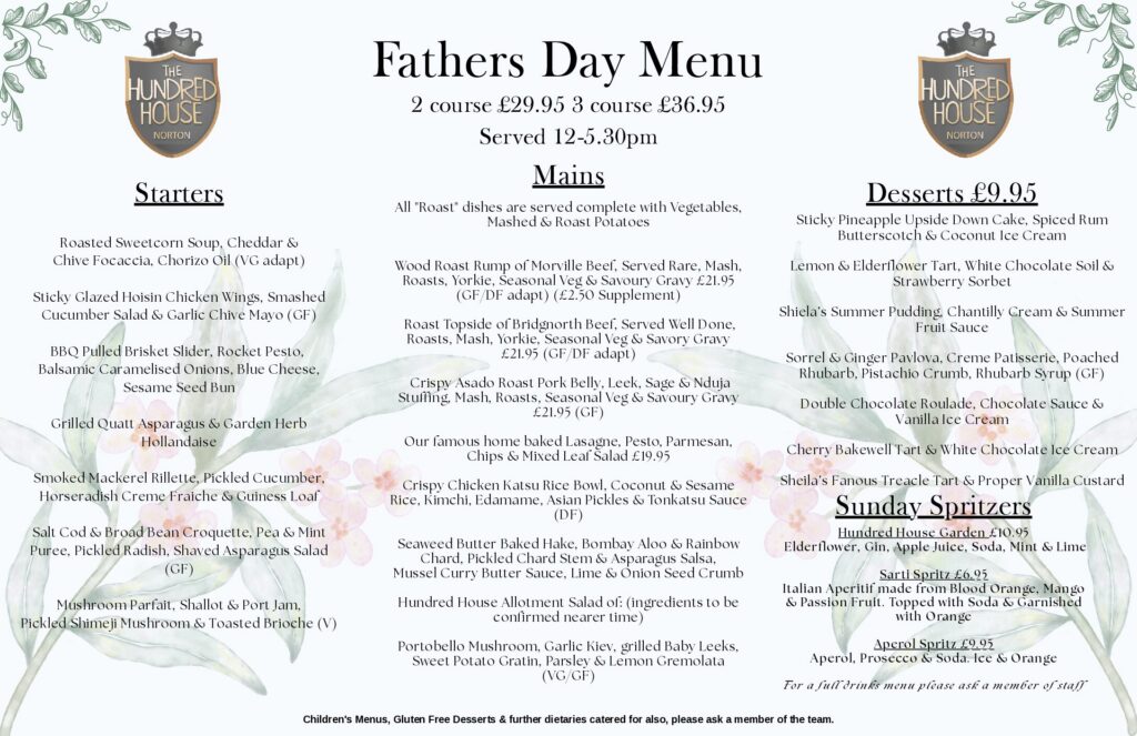 Sunday Lunch Menu The Hundred House Telford